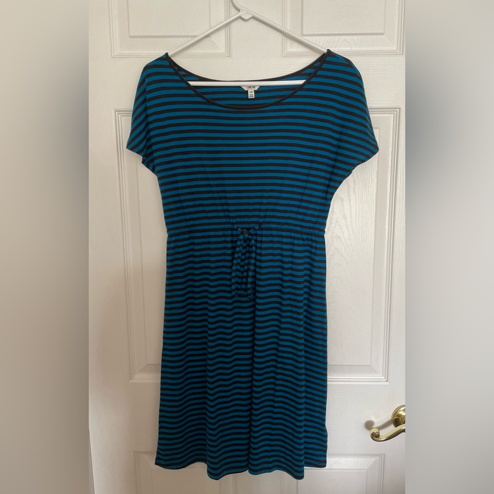 Black and teal striped shirt dress that ties at the waist